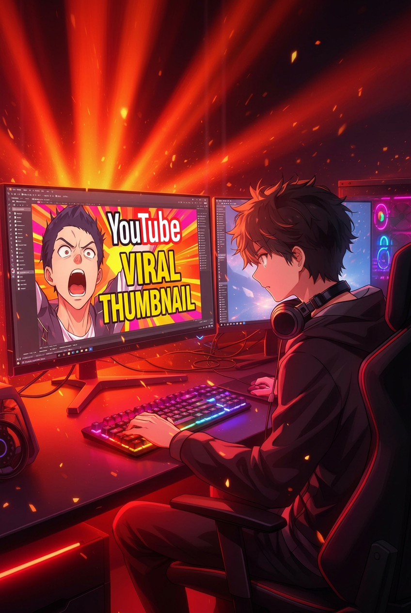 Criador anime fazendo thumbnail viral no PC